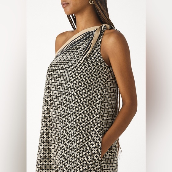 Abercrombie & Fitch One Shoulder Scarf Bow Midi Dress Black White Size Large EUC - Picture 5 of 14